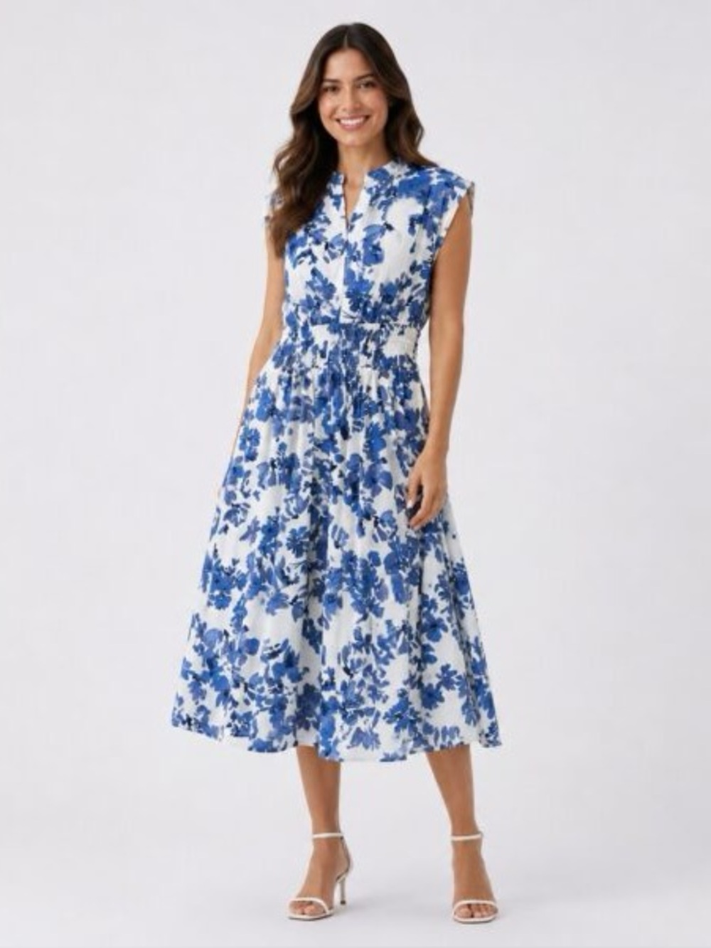Calvin Klein White and Blue Floral Midi Dress